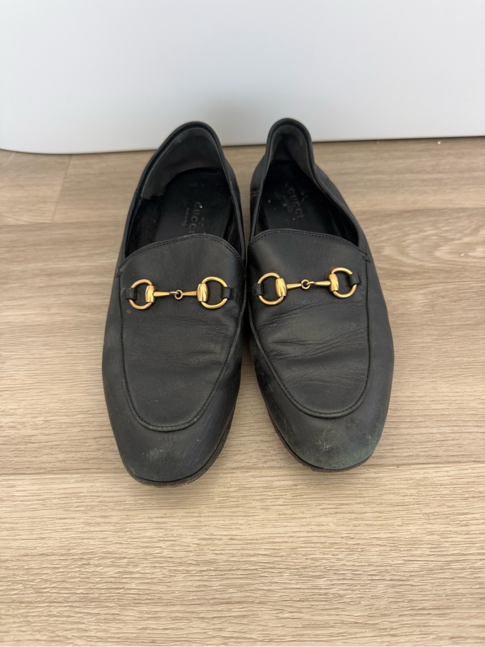 Gucci Black Leather Women's Horsebit Loafers with Gold Hardware